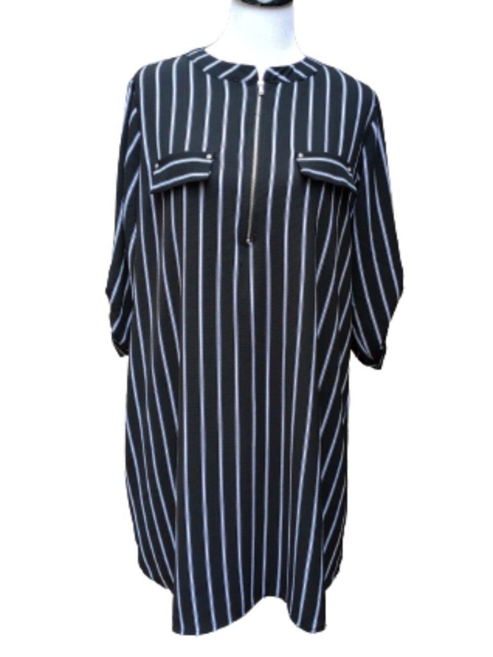 Always Indigo Plus Black Stripe Dress Shift 3/4 Sleeves Zip High Neck Short